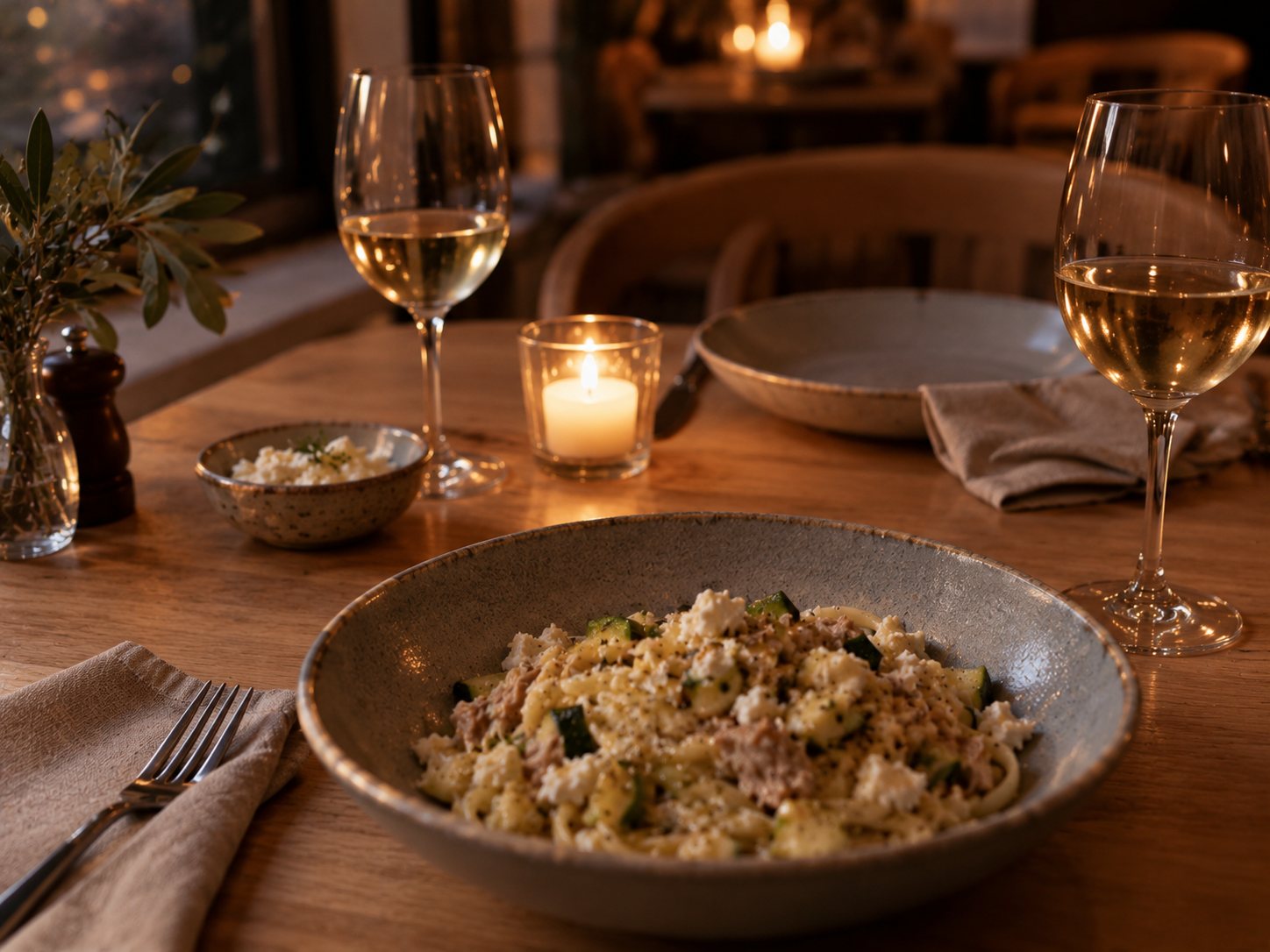 Candlelit table for two with Pasta Ala Feta and glasses of white wine